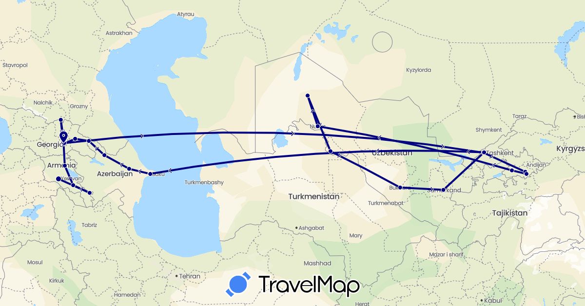 TravelMap itinerary: driving in Armenia, Azerbaijan, Georgia, Uzbekistan (Asia)